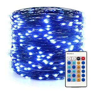 er chen dimmable led string lights plug in, 100ft 300 led waterproof fairy lights with remote, indoor/outdoor copper wire christmas lights for bedroom, patio, garden, yard (green wire, blue)