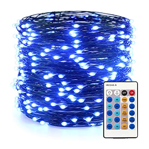 ER CHEN Dimmable LED String Lights Plug in, 100ft 300 LED Waterproof Fairy Lights with Remote, Indoor/Outdoor Copper Wire Christmas Lights for Bedroom, Patio, Garden, Yard (Green Wire, Blue)