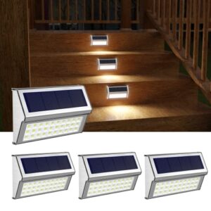 roshwey solar step lights outdoor 4 pack 30 led stainless steel outside solar lights waterproof fence lights for garden patio pathway walkway, cool white light