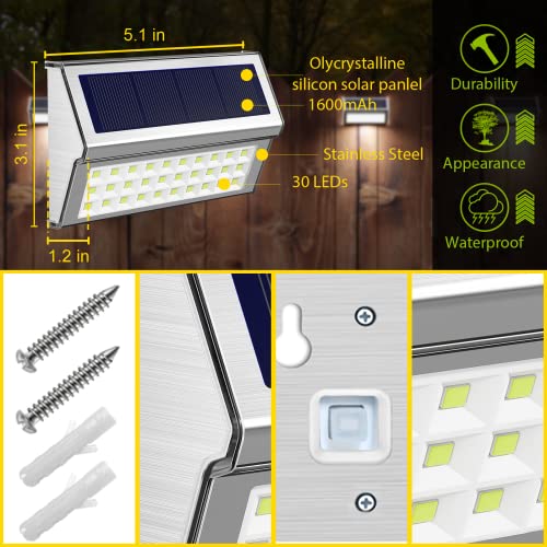 ROSHWEY Solar Step Lights Outdoor 4 Pack 30 LED Stainless Steel Outside Solar Lights Waterproof Fence Lights for Garden Patio Pathway Walkway, Cool White Light