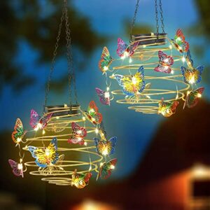 2 pack butterfly solar lights outdoor hanging solar lantern with handle, solar powered butterflies garden decor for outside patio yard porch pathway butterfly gifts for women (warm white led lights)
