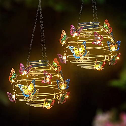 2 Pack Butterfly Solar Lights Outdoor Hanging Solar Lantern with Handle, Solar Powered Butterflies Garden Decor for Outside Patio Yard Porch Pathway Butterfly Gifts for Women (Warm White LED Lights)