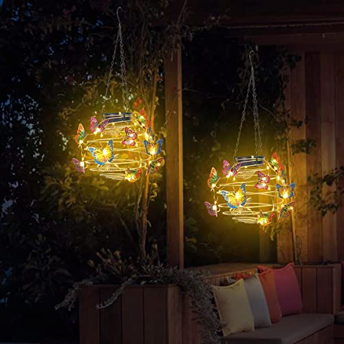 2 Pack Butterfly Solar Lights Outdoor Hanging Solar Lantern with Handle, Solar Powered Butterflies Garden Decor for Outside Patio Yard Porch Pathway Butterfly Gifts for Women (Warm White LED Lights)