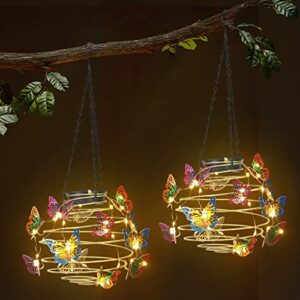 2 Pack Butterfly Solar Lights Outdoor Hanging Solar Lantern with Handle, Solar Powered Butterflies Garden Decor for Outside Patio Yard Porch Pathway Butterfly Gifts for Women (Warm White LED Lights)