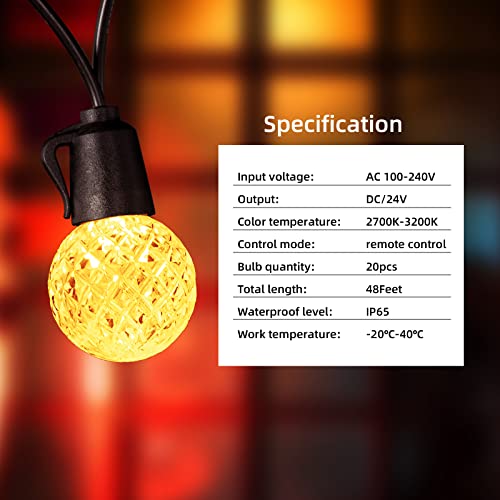 VIZTY Outdoor LED String Lights 48FT IP65 Waterproof LED Patio String Lights with 20 Pcs G40 Warm White Dimmable Bulbs Remote Control Decorative Hanging Light for Outside Balcony Porch Bistro Garden