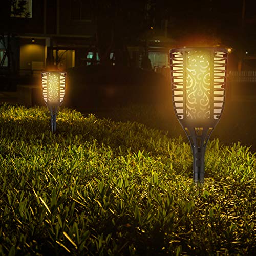 Solar Torch Lights – Weather & Waterproof Tiki Torch Lights – Solar & USB Powered Outdoor Torch Lights – Flickering Flame Torch Lights for Your Patio, Garden, & Walkway - Set of 2 Solar Torches