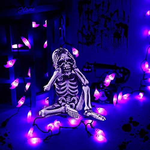 RECESKY 60 LED Halloween String Lights - 19.4ft Purple Ghost String Light with 30v Plug in, Extendable 8 Modes Halloween Lighting for Outdoor Garden Yard House Bedroom Halloween Party Decorations