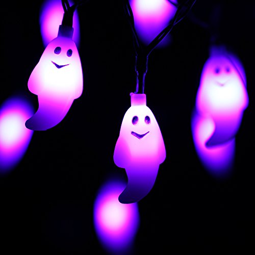 RECESKY 60 LED Halloween String Lights - 19.4ft Purple Ghost String Light with 30v Plug in, Extendable 8 Modes Halloween Lighting for Outdoor Garden Yard House Bedroom Halloween Party Decorations