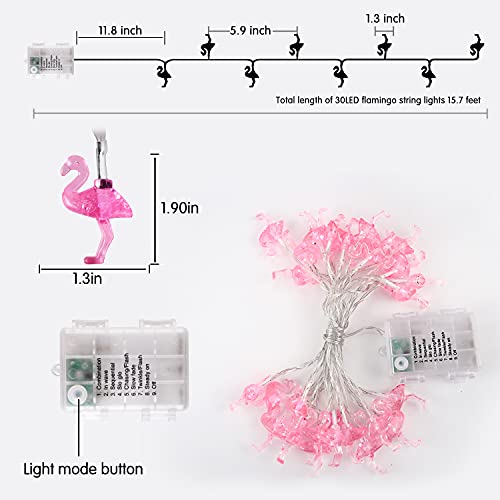 Battery String Lights Pink Crystal Flamingo Lights 15.7ft 30 LED Waterproof Outdoor String Lights, 8 Lighting Modes Battery Twinkle Lights, Patio Garden Wedding Christmas Flamingo Party Decorations