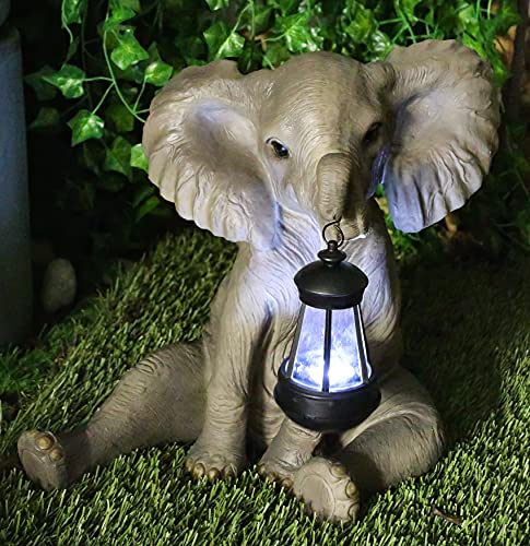 Ebros Safari Savanna Wildlife Animal Melee Adorable Pachy Elephant Statue Home Patio Decor Figurine with Solar LED Light Lantern Lamp 13.75"H Guest Greeter Elephants Path Lighter Sculpture