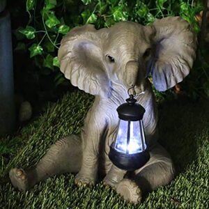 Ebros Safari Savanna Wildlife Animal Melee Adorable Pachy Elephant Statue Home Patio Decor Figurine with Solar LED Light Lantern Lamp 13.75"H Guest Greeter Elephants Path Lighter Sculpture