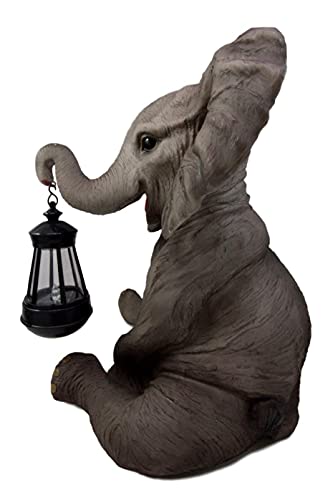 Ebros Safari Savanna Wildlife Animal Melee Adorable Pachy Elephant Statue Home Patio Decor Figurine with Solar LED Light Lantern Lamp 13.75"H Guest Greeter Elephants Path Lighter Sculpture