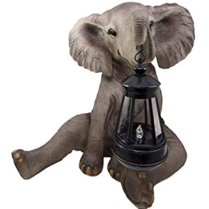 Ebros Safari Savanna Wildlife Animal Melee Adorable Pachy Elephant Statue Home Patio Decor Figurine with Solar LED Light Lantern Lamp 13.75"H Guest Greeter Elephants Path Lighter Sculpture