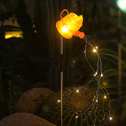 2 Pack Solar Watering Can w/Fairy Lights，Solar Garden Stake Waterproof LED Garden Lights,for Patio Yard Walkway Pathway Lawn Decorations， 2color- (Orange)