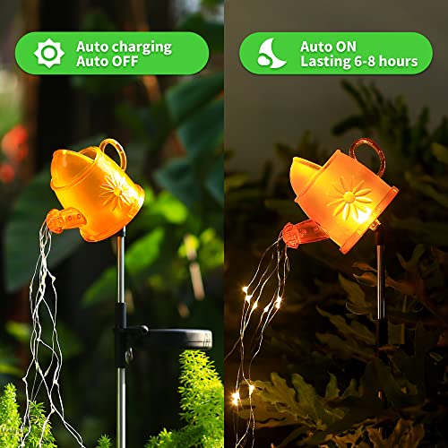 2 Pack Solar Watering Can w/Fairy Lights，Solar Garden Stake Waterproof LED Garden Lights,for Patio Yard Walkway Pathway Lawn Decorations， 2color- (Orange)