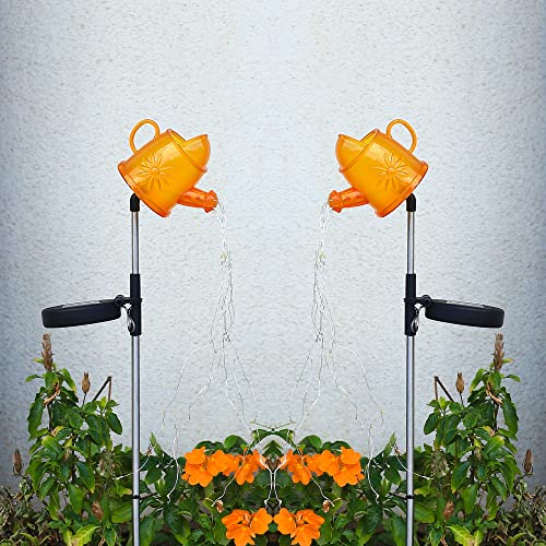 2 Pack Solar Watering Can w/Fairy Lights，Solar Garden Stake Waterproof LED Garden Lights,for Patio Yard Walkway Pathway Lawn Decorations， 2color- (Orange)