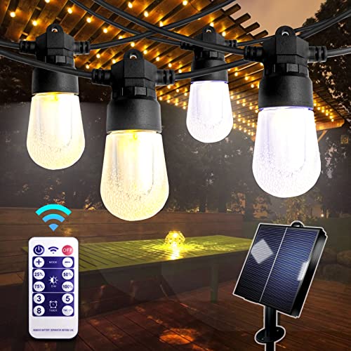 Solar Outdoor String Lights, 2-Color in 1 Extra-Long 58ft Patio Lights with 16 Bulbs & 8 Modes Remote Control, Commercial Grade Waterproof & Shatterproof Edison Lights for Porch, Cafe, Balcony