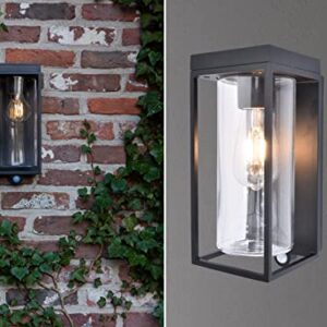 LUTEC Solar Motion Sensor Light Outdoor, Dusk to Dawn Modern Wall Sconce, Aluminum Anti-Rust Solar Wall Lights with Clear Glass Shade, Waterproof for Porch, Patio and Garden-Black