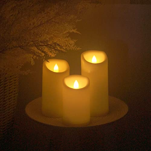 2WDECOR Waterproof Outdoor Battery Operated Flameless Candles with Remote and Timer Flickering Battery Operated LED Pillars Lights for Home Garden Wedding Christmas Decor 3x5, 6, 7 Inches, Set of 3