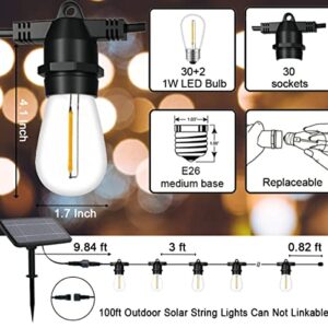 Outdoor Solar String Lights, 100 FT Solar Powered LED String Outdoor Lights Waterproof & Shatterproof, Patio Solar Hanging Lights With 30 Bulbs, Camping Decorative Lights For Outdoor Backyard Garden