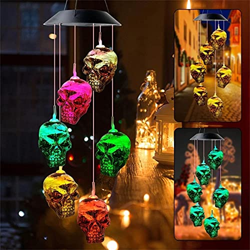 Solar Skeleton Skull Light Skull Wind Chime LED Skeleton Skull Night Light Party Decorate Pendant Waterproof Hanging Garden Wind Chimes Ghost Light for Outdoor Yard Garden Decor