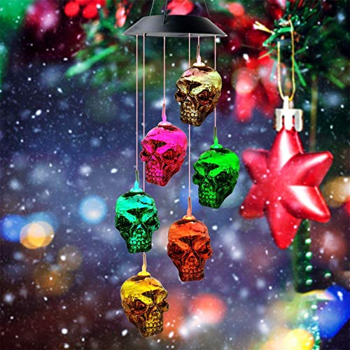 Solar Skeleton Skull Light Skull Wind Chime LED Skeleton Skull Night Light Party Decorate Pendant Waterproof Hanging Garden Wind Chimes Ghost Light for Outdoor Yard Garden Decor