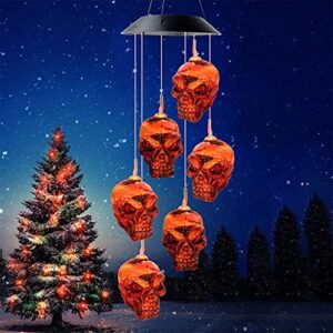 Solar Skeleton Skull Light Skull Wind Chime LED Skeleton Skull Night Light Party Decorate Pendant Waterproof Hanging Garden Wind Chimes Ghost Light for Outdoor Yard Garden Decor