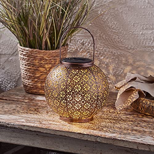 Lights4fun, Inc. 7.5” Bronze Metal Moroccan Solar Powered LED Outdoor Garden & Patio Lantern Light