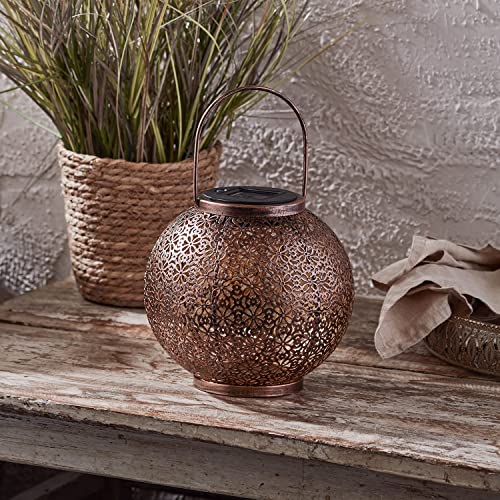 Lights4fun, Inc. 7.5” Bronze Metal Moroccan Solar Powered LED Outdoor Garden & Patio Lantern Light