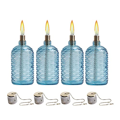 OEXEO 4PCS Glass Outdoor Tabletop Torch Set,Torch Wicks, Torch Light,Garden Torch,Patio Torches,Citronella Torches (Blue)