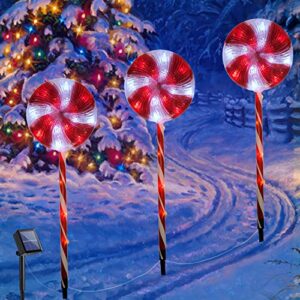 fcysy solar christmas lights outdoor decorations, red and white lollipop outside solar powered xmas pathway lights, waterproof christmas yard walkway stake lights for holiday lawn garden patio décor