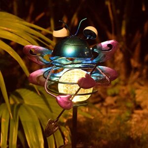 garden solar lights pathway outdoor frog beetle dragonfly owl crackle glass globe stake metal lights,waterproof warm white led for lawn,patio or courtyard (dragonfly)