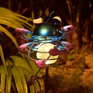 Garden Solar Lights Pathway Outdoor Frog Beetle Dragonfly owl Crackle Glass Globe Stake Metal Lights,Waterproof Warm White LED for Lawn,Patio or Courtyard (Dragonfly)