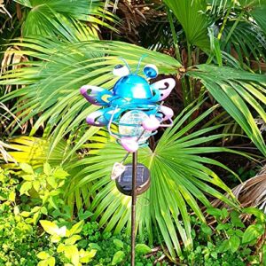Garden Solar Lights Pathway Outdoor Frog Beetle Dragonfly owl Crackle Glass Globe Stake Metal Lights,Waterproof Warm White LED for Lawn,Patio or Courtyard (Dragonfly)
