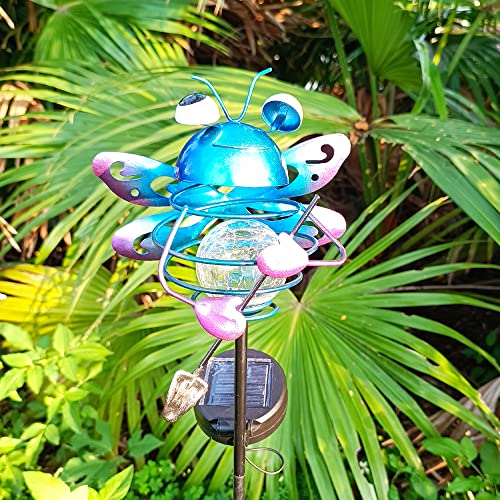 Garden Solar Lights Pathway Outdoor Frog Beetle Dragonfly owl Crackle Glass Globe Stake Metal Lights,Waterproof Warm White LED for Lawn,Patio or Courtyard (Dragonfly)