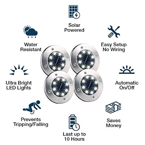 BrightRight Outdoor Solar Pathway Disk Lights (12 Lights) 8 White LED, Waterproof Decorative Landscape Lighting for Yard, Garden, Patio, Lawn, Deck, Pathway, Driveway - Dusk to Dawn