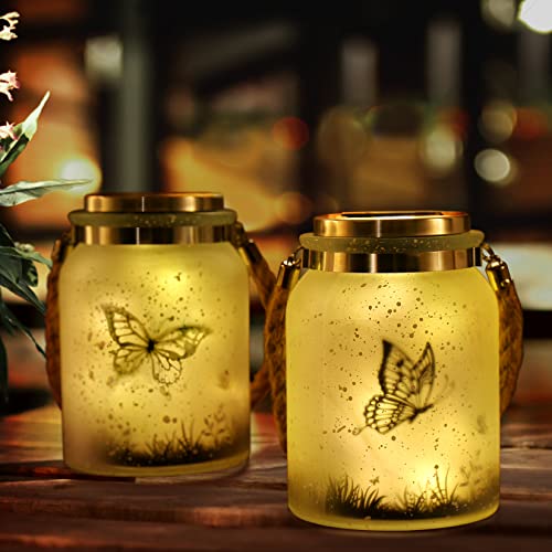 GOODME 2 Pack Solar Lantern Butterfly Mason Jar White Frosted Glass Hanging Jar Solar Outdoor Lights Butterfly Decorations Gift for Patio, Yard, Garden, Path (Butterfly)