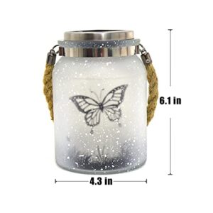 GOODME 2 Pack Solar Lantern Butterfly Mason Jar White Frosted Glass Hanging Jar Solar Outdoor Lights Butterfly Decorations Gift for Patio, Yard, Garden, Path (Butterfly)