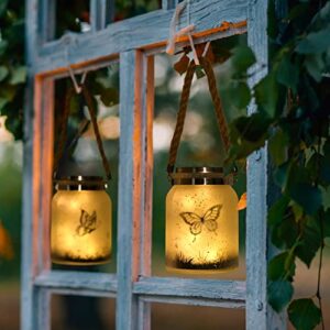 GOODME 2 Pack Solar Lantern Butterfly Mason Jar White Frosted Glass Hanging Jar Solar Outdoor Lights Butterfly Decorations Gift for Patio, Yard, Garden, Path (Butterfly)