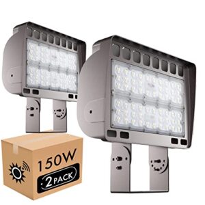 150w led outdoor flood parking lot light, 5000k daylight white, 21000lm super bright, dusk to dawn photocell sensors, ip65 waterproof security light for gardens yards (2 pack)