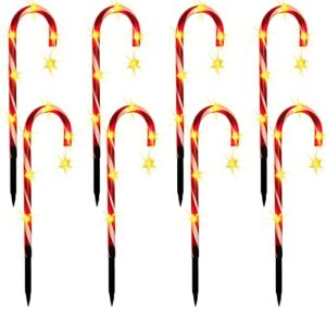 christmas decorations outdoor solar candy cane lights pathway markers lights with star for walkway, driveway, lawn, yard, garden, home, indoor & outdoor decoration decor 8 pack
