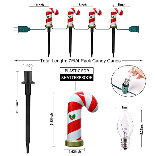 7FT Christmas Pathway Markers Lights, Set of 4 Christmas Candy Cane Pathway Lights with 4 C7 Lights, Outdoor Lawn Lights Landscape Driveway Lights for Holiday Outside Yard Garden Xmas Walkway Decor