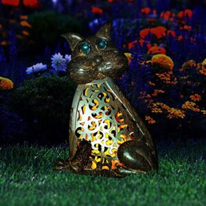 A-FFORDABLE Outdoor Garden Yard Landscape Decorations Cat Lamp 3D Christmas Yard Feline Metal Figures Solar Power Amber LED Light