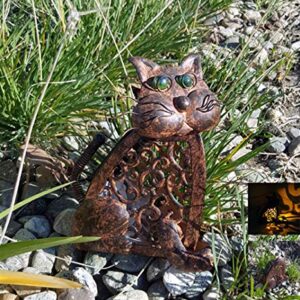 A-FFORDABLE Outdoor Garden Yard Landscape Decorations Cat Lamp 3D Christmas Yard Feline Metal Figures Solar Power Amber LED Light