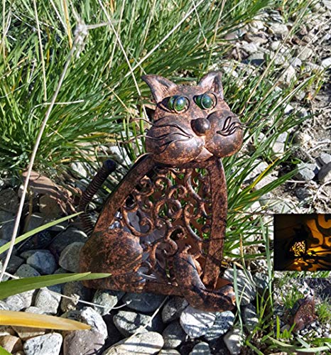 A-FFORDABLE Outdoor Garden Yard Landscape Decorations Cat Lamp 3D Christmas Yard Feline Metal Figures Solar Power Amber LED Light