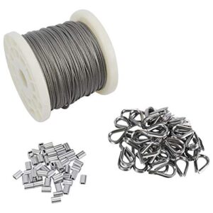 DasMarine Wire Rope Kit with 1/16inch X 328FT Length 7x7 Strand Core Stainless Steel Wire Cable,50pcs Stainless Steel Thimble and 50pcs Aluminum Crimping Sleeves for Indoor and Outdoor,Patio,Garden