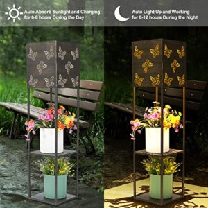 GCMacau Solar Garden Lights, Butterfly Hollow Out Projection 2 Tier Flower Stand Solar Lantern Decorative, Premium Metal 3500K LED Solar Landscape Lights Outdoor Waterproof for Patio Lawn Yard