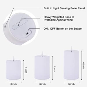 VIODAIM Solar Candles Outdoor Waterproof: Flameless Flickering Pillar LED Candles Set of 3 Dusk to Dawn Rechargeable Sensor Lights 3x4/5/6 Inch White