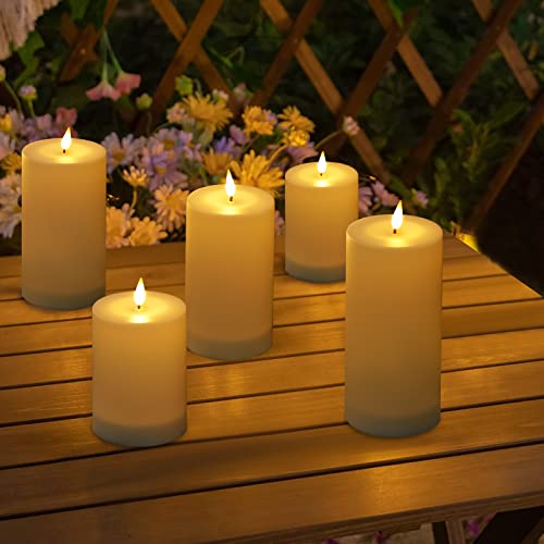 VIODAIM Solar Candles Outdoor Waterproof: Flameless Flickering Pillar LED Candles Set of 3 Dusk to Dawn Rechargeable Sensor Lights 3x4/5/6 Inch White