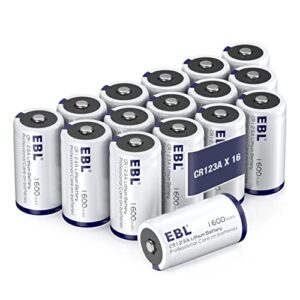 cr123a battery, ebl 3v cr123a lithium batteries 1600mah high performance123 battery for cameras flashlight security system, 16 pack